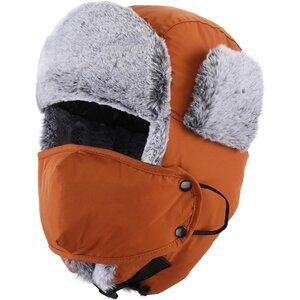 Men's Caramel Trapper Hat Faux Fur Trooper Hunting Cap with Face Mask